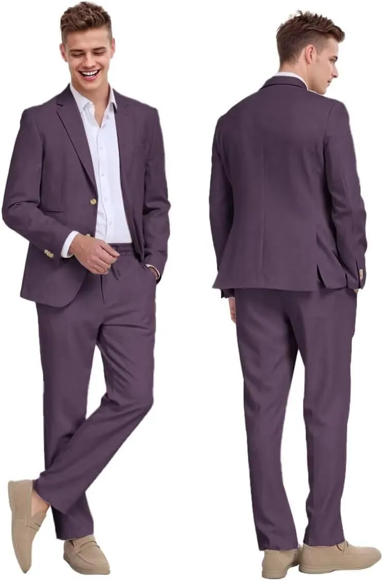 Linen Mens Suit 2 Piece Retro Suits for Men Slim Fit Blazer Jackets Drawstring Pants Set Tux Summer Beach Wedding Outfit
