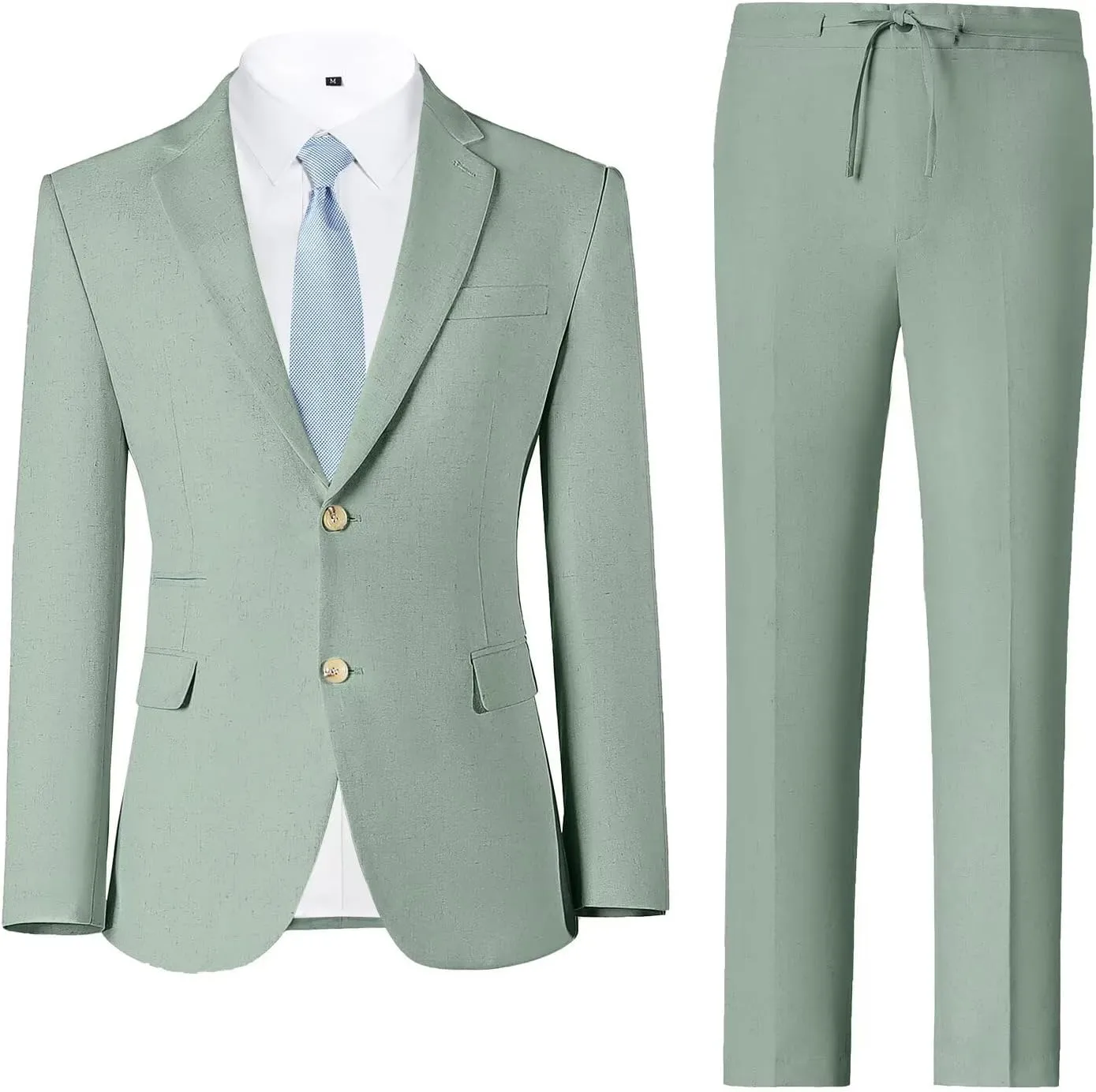 Linen Mens Suit 2 Piece Retro Suits for Men Slim Fit Blazer Jackets Drawstring Pants Set Tux Summer Beach Wedding Outfit