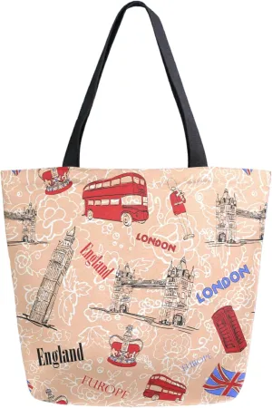 London Art Big Ben Bus Extra Large Canvas Shoulder Tote Storage Top Handle Bag for Gym Weekender Summer Beach Travel Reusable Grocery Shopping