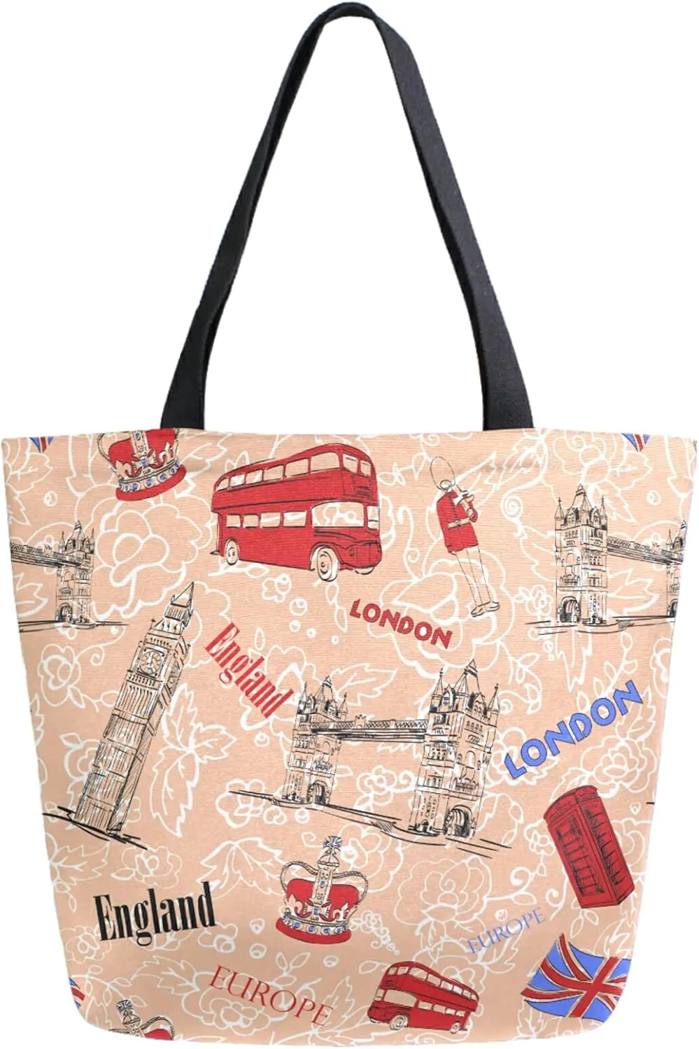 London Art Big Ben Bus Extra Large Canvas Shoulder Tote Storage Top Handle Bag for Gym Weekender Summer Beach Travel Reusable Grocery Shopping