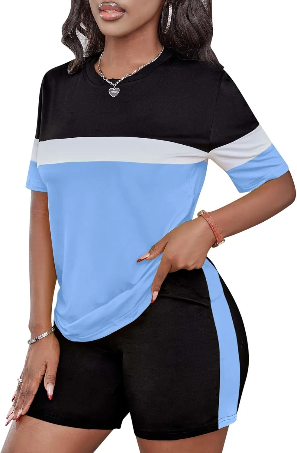 LovelyWholesale Neon Two Piece Outfit for Casual 2 Piece Tracksuit with Neon Shirt and Black Shorts Set