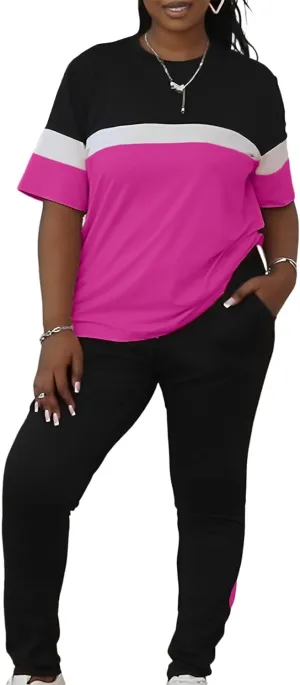 LovelyWholesale Plus Size 2 Piece Outfits for Women Color Block Tracksuit Short Sleeve Top and Pants Set