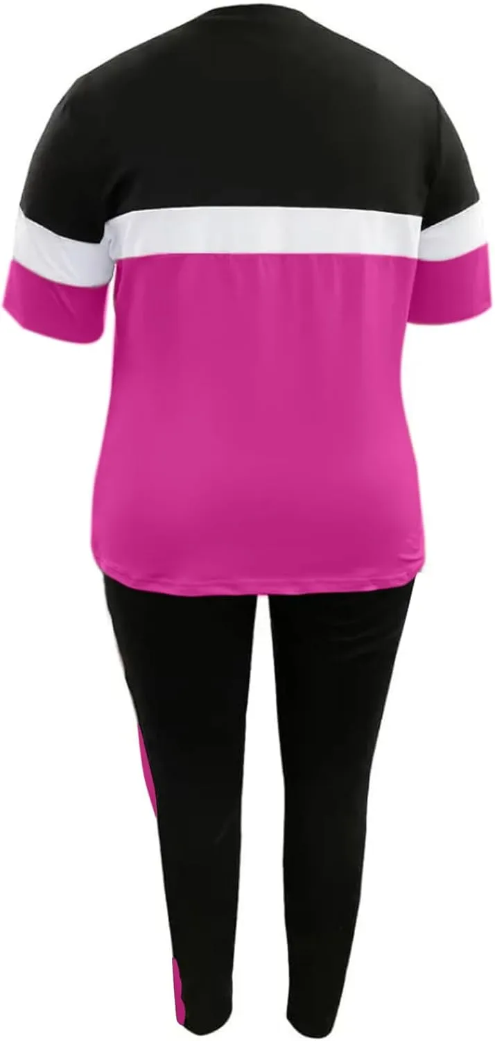 LovelyWholesale Plus Size 2 Piece Outfits for Women Color Block Tracksuit Short Sleeve Top and Pants Set