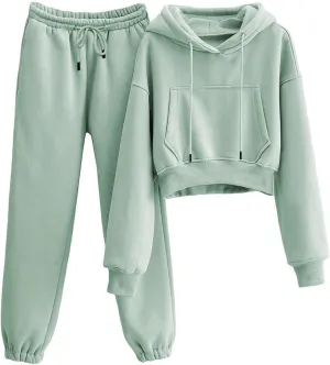 LTSCNRM Women's 2 Piece Airport Outfits Fleece Crop Hoodies Pullover Sweatshirt Sweatsuits Joggers Pants Pockets
