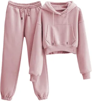 LTSCNRM Women's 2 Piece Airport Outfits Fleece Crop Hoodies Pullover Sweatshirt Sweatsuits Joggers Pants Pockets