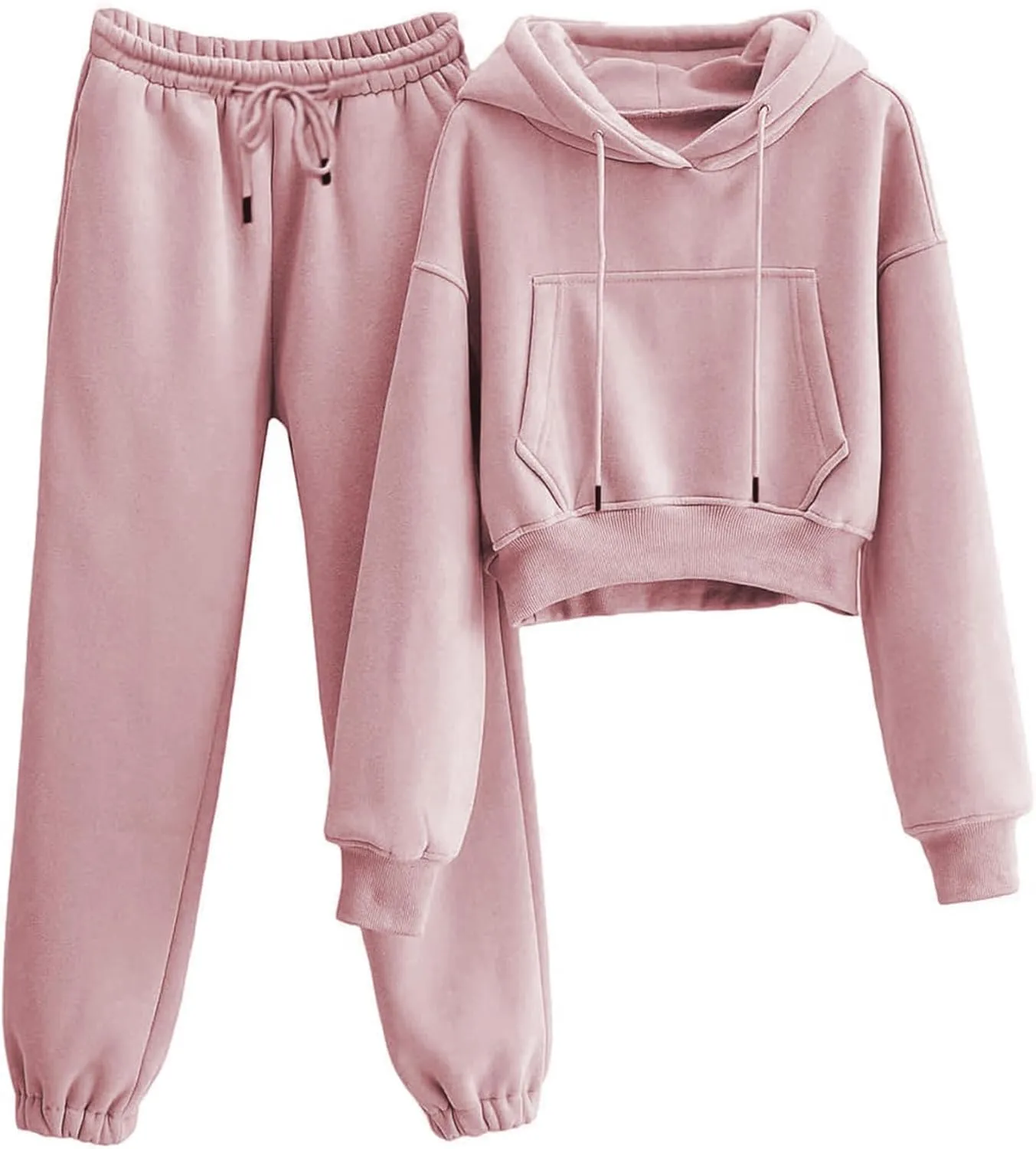 LTSCNRM Women's 2 Piece Airport Outfits Fleece Crop Hoodies Pullover Sweatshirt Sweatsuits Joggers Pants Pockets