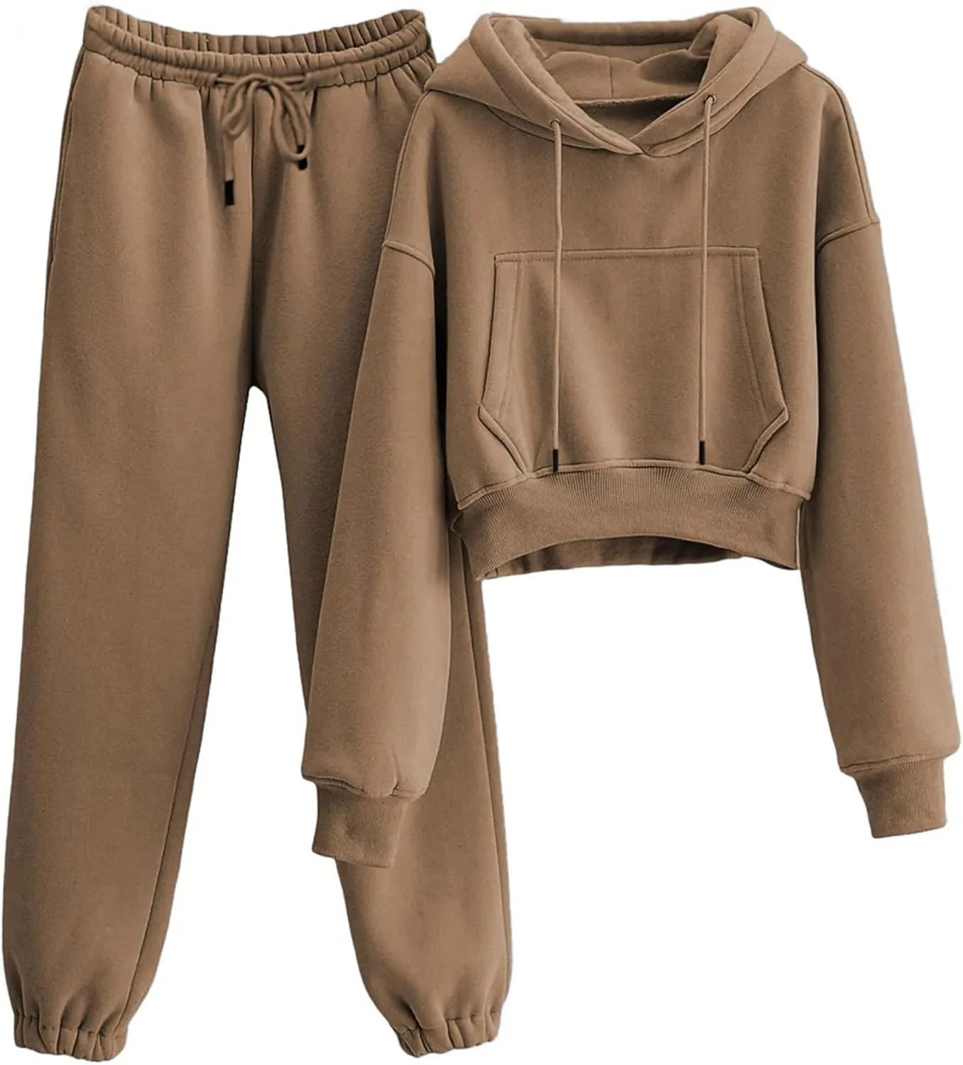 LTSCNRM Women's 2 Piece Airport Outfits Fleece Crop Hoodies Pullover Sweatshirt Sweatsuits Joggers Pants Pockets