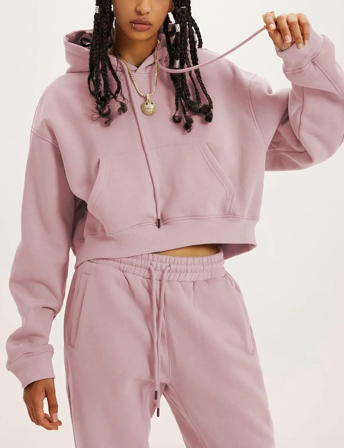 LTSCNRM Women's 2 Piece Airport Outfits Fleece Crop Hoodies Pullover Sweatshirt Sweatsuits Joggers Pants Pockets