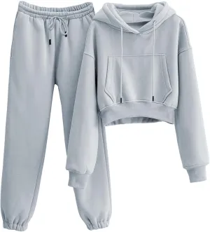 LTSCNRM Women's 2 Piece Airport Outfits Fleece Crop Hoodies Pullover Sweatshirt Sweatsuits Joggers Pants Pockets