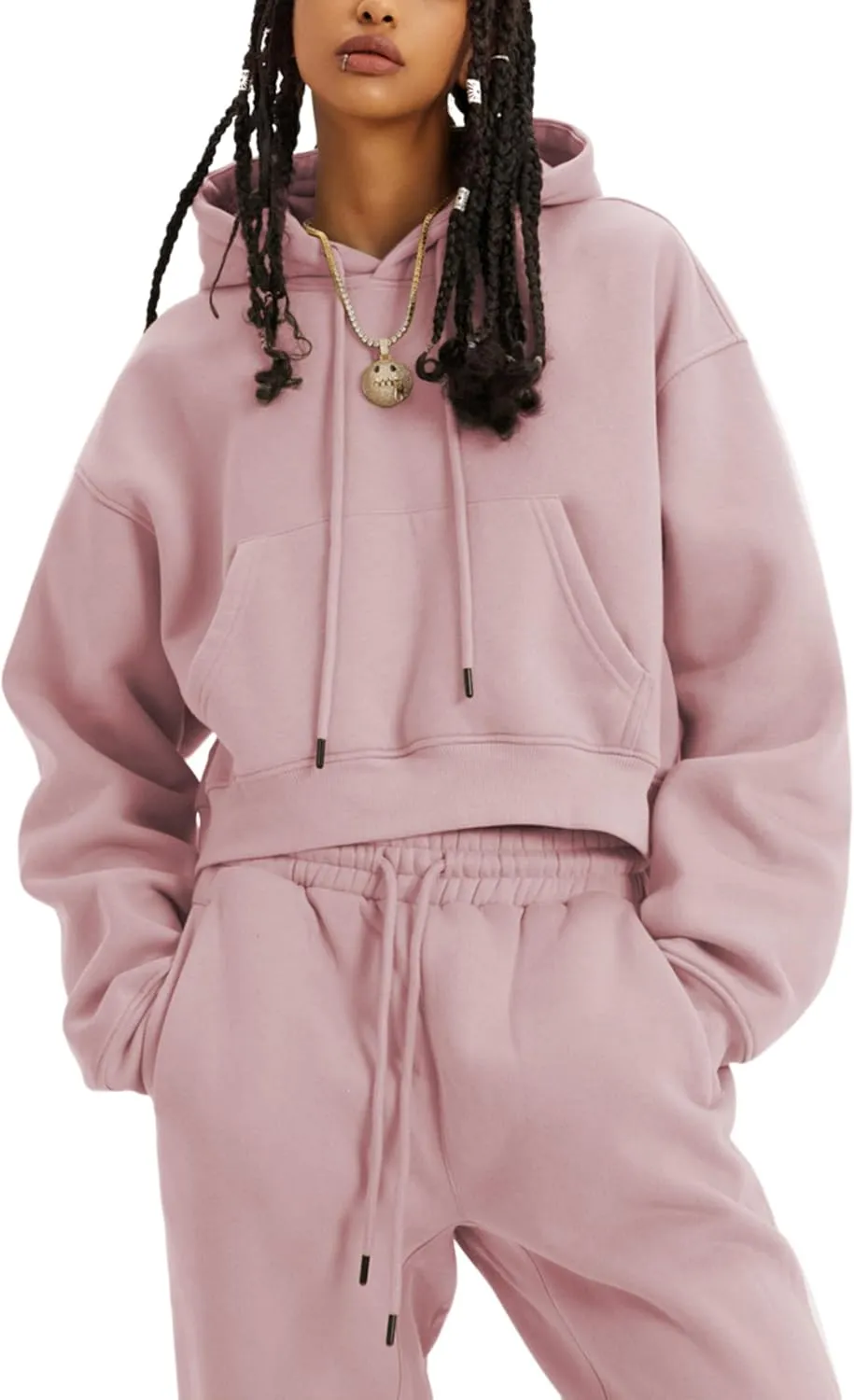LTSCNRM Women's 2 Piece Airport Outfits Fleece Crop Hoodies Pullover Sweatshirt Sweatsuits Joggers Pants Pockets