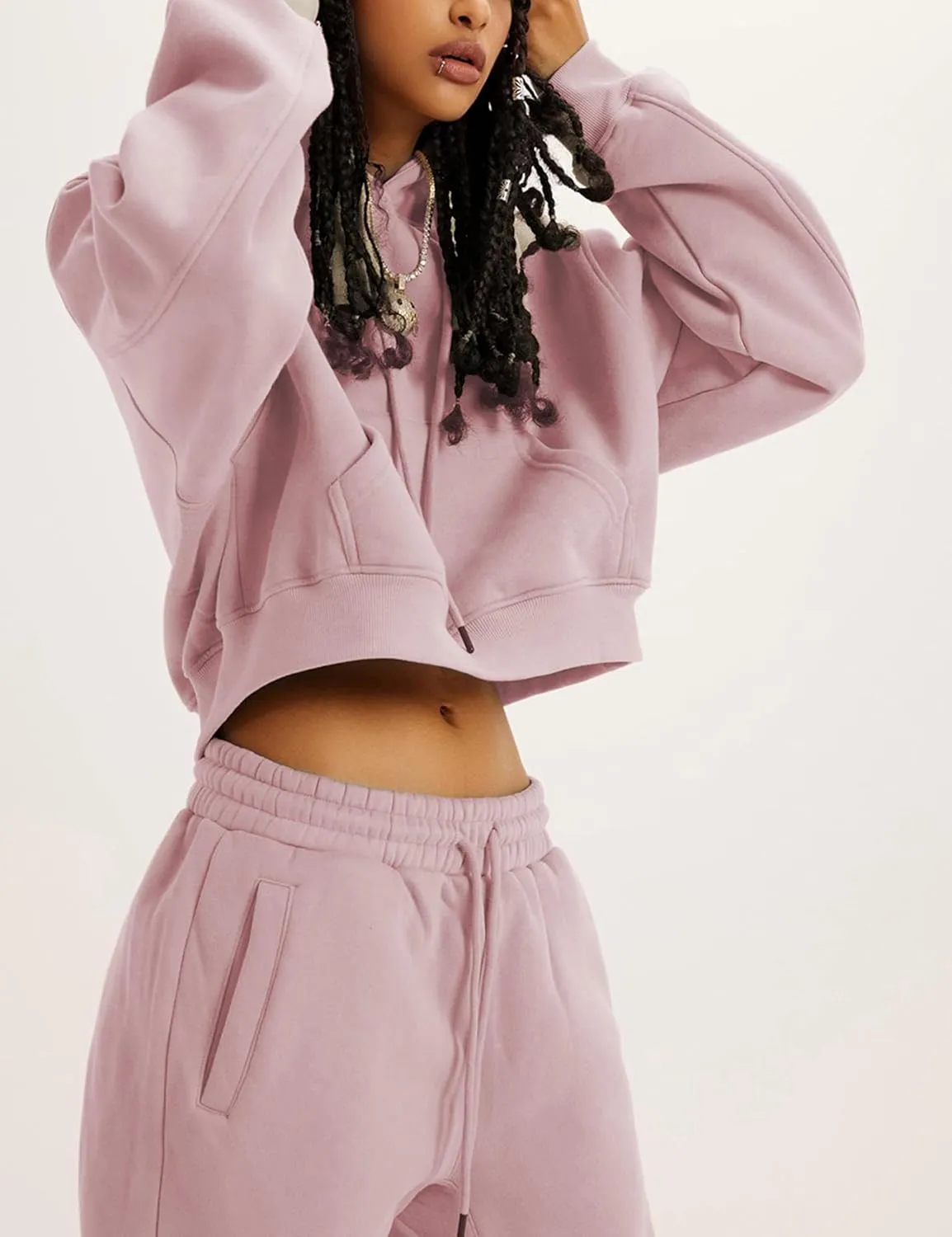 LTSCNRM Women's 2 Piece Airport Outfits Fleece Crop Hoodies Pullover Sweatshirt Sweatsuits Joggers Pants Pockets