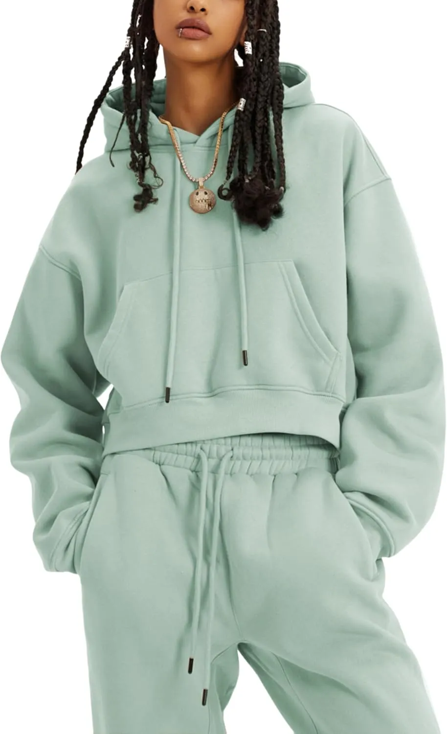 LTSCNRM Women's 2 Piece Airport Outfits Fleece Crop Hoodies Pullover Sweatshirt Sweatsuits Joggers Pants Pockets