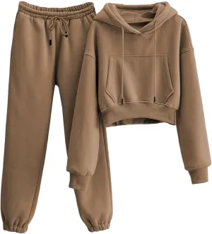 LTSCNRM Women's 2 Piece Airport Outfits Fleece Crop Hoodies Pullover Sweatshirt Sweatsuits Joggers Pants Pockets