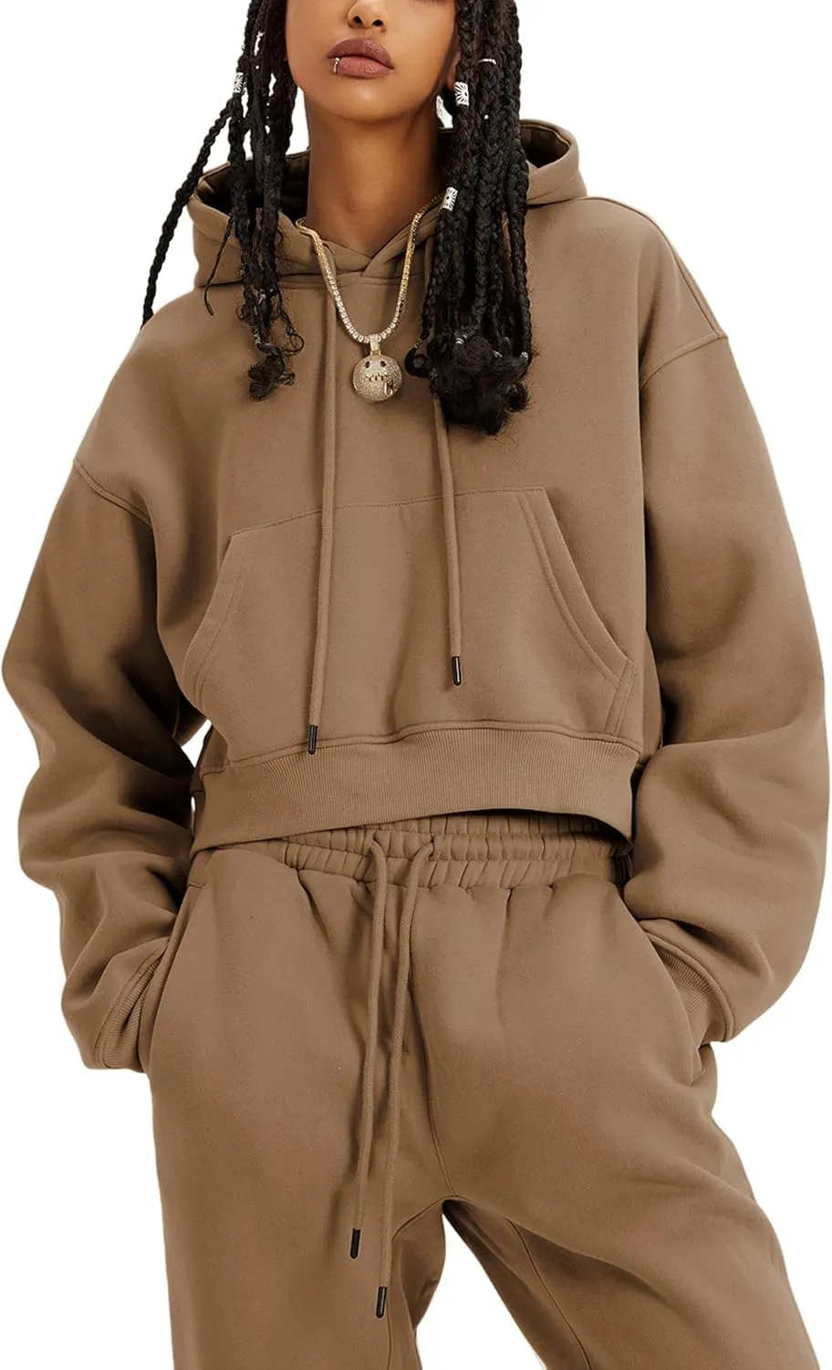 LTSCNRM Women's 2 Piece Airport Outfits Fleece Crop Hoodies Pullover Sweatshirt Sweatsuits Joggers Pants Pockets