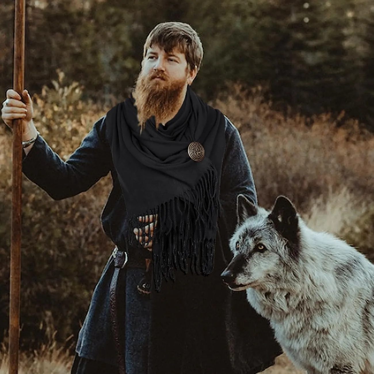 L'VOW Viking Cloak Medieval Half Shoulder Cape with Brooch Renaissance Roman Shawl Cape for Men Women