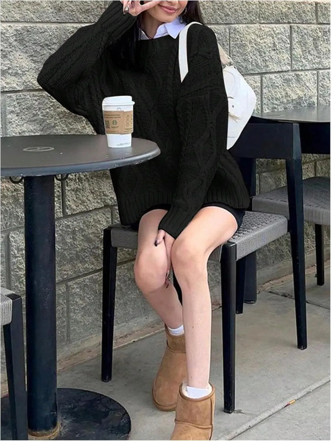 MakeMeChic Women's Cable Knit Long Sleeve Sweater Round Neck Drop Shoulder Knit Tops