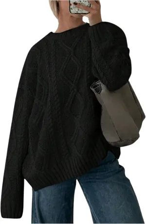 MakeMeChic Women's Cable Knit Long Sleeve Sweater Round Neck Drop Shoulder Knit Tops