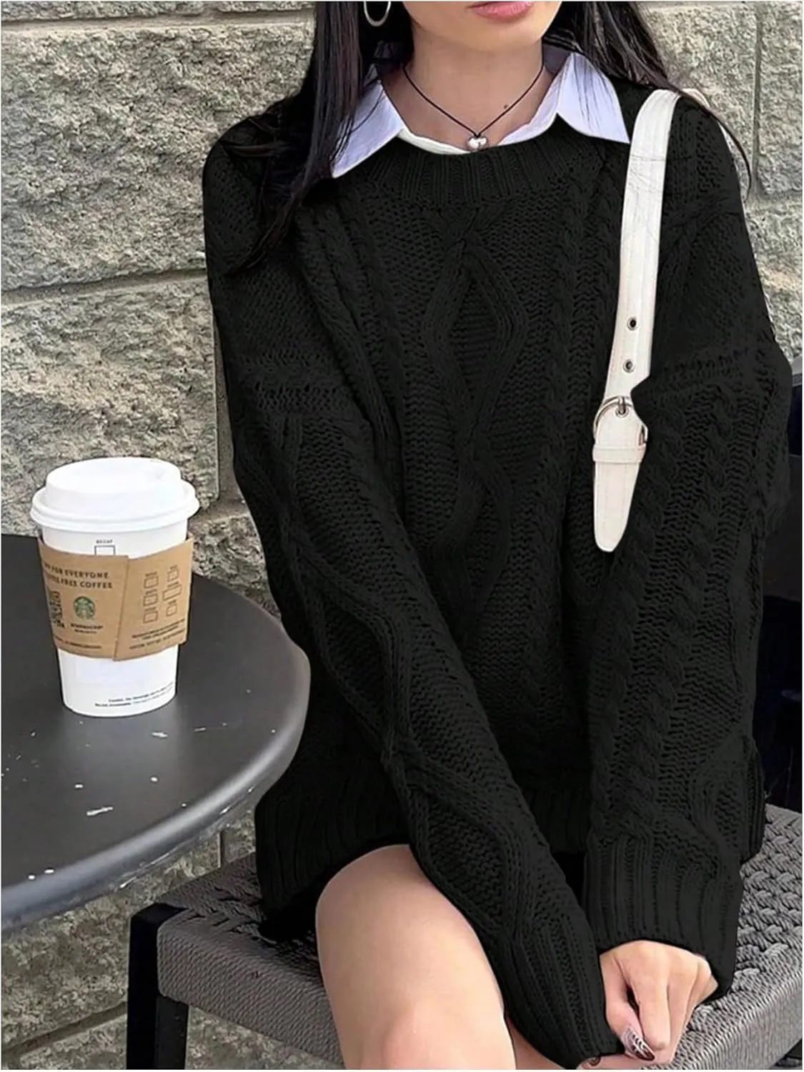 MakeMeChic Women's Cable Knit Long Sleeve Sweater Round Neck Drop Shoulder Knit Tops