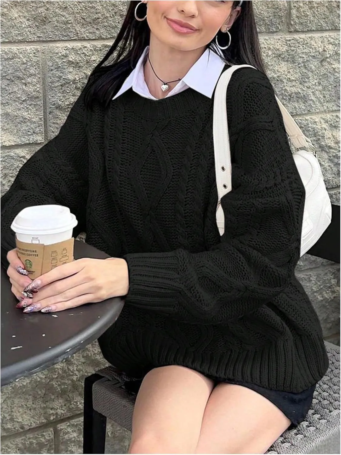 MakeMeChic Women's Cable Knit Long Sleeve Sweater Round Neck Drop Shoulder Knit Tops