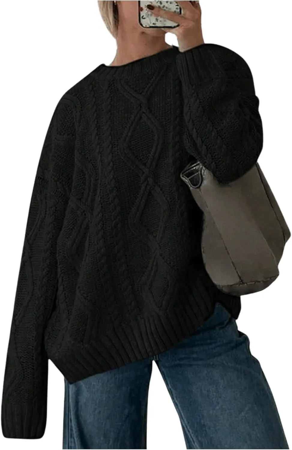 MakeMeChic Women's Cable Knit Long Sleeve Sweater Round Neck Drop Shoulder Knit Tops