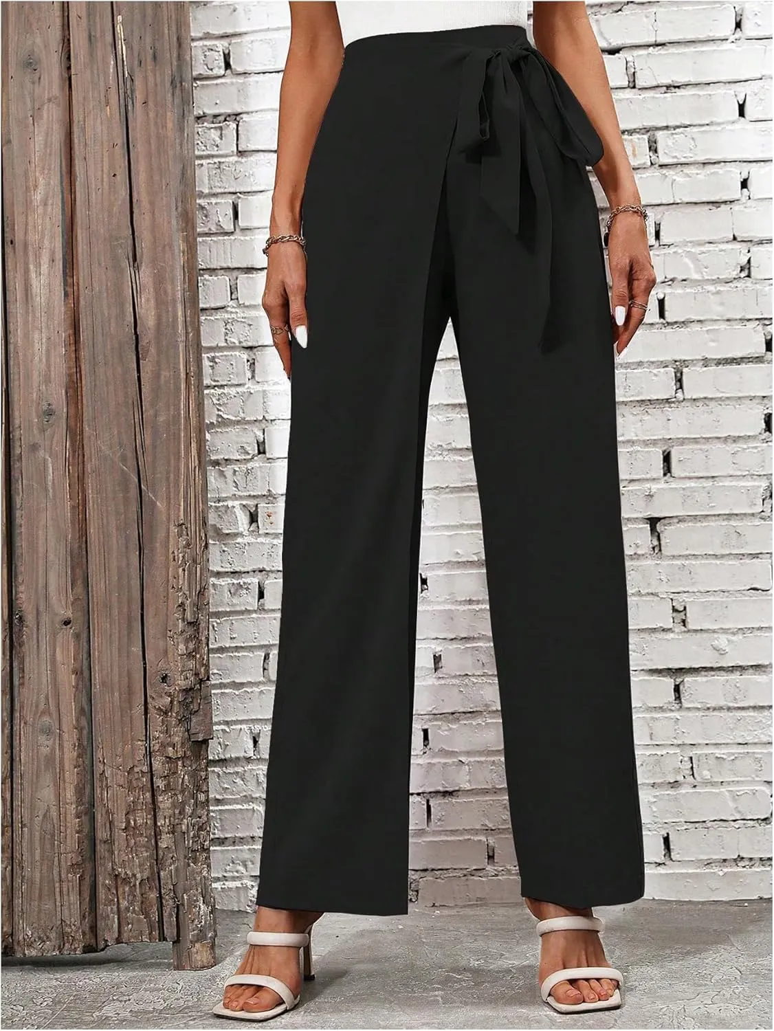 MakeMeChic Women's High Waist Trousers Straight Leg Bow Knot Work Office Suit Pants