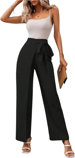 MakeMeChic Women's High Waist Trousers Straight Leg Bow Knot Work Office Suit Pants