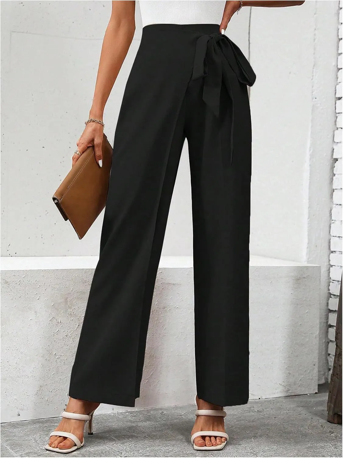 MakeMeChic Women's High Waist Trousers Straight Leg Bow Knot Work Office Suit Pants