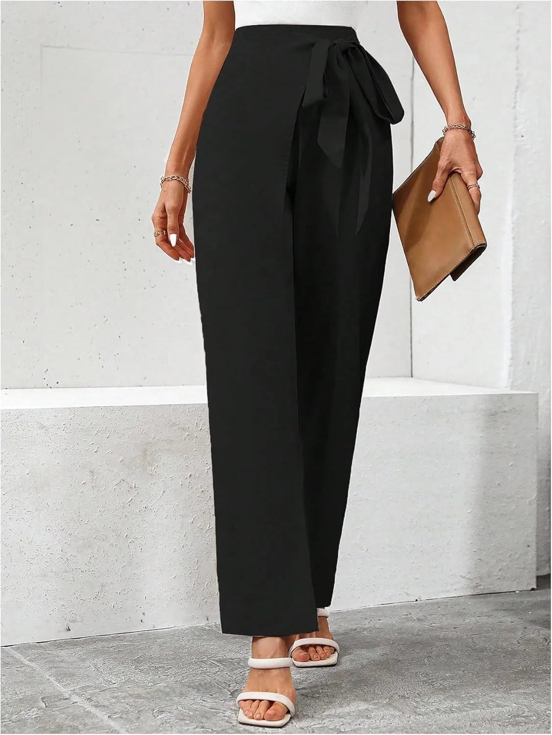 MakeMeChic Women's High Waist Trousers Straight Leg Bow Knot Work Office Suit Pants
