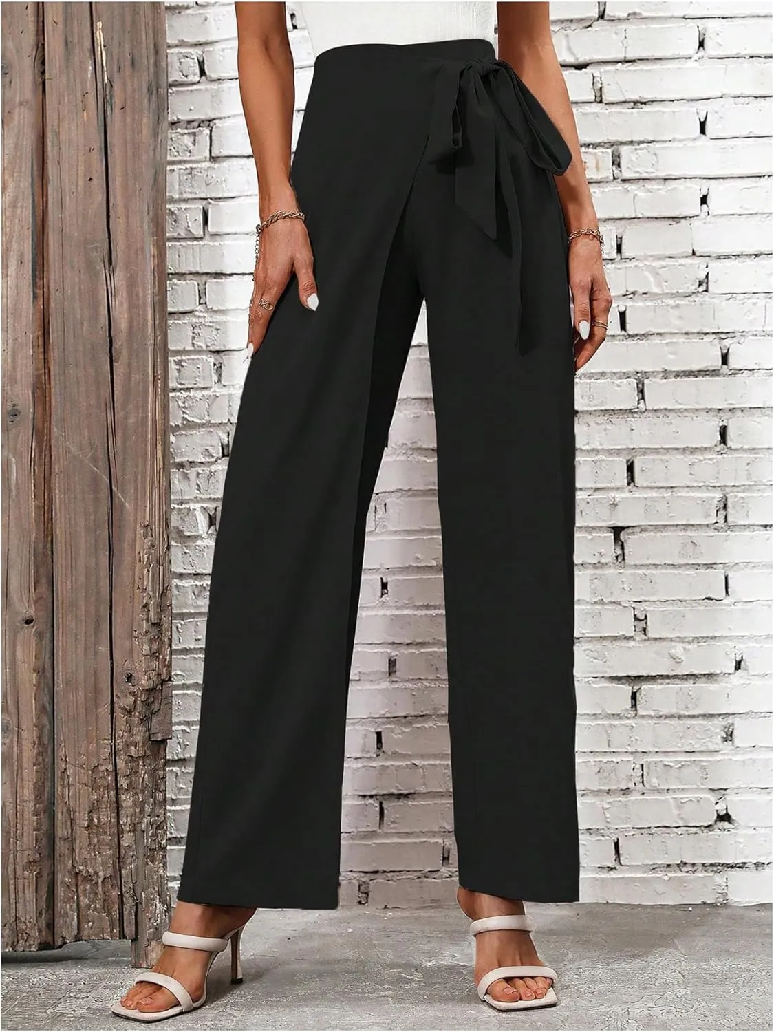 MakeMeChic Women's High Waist Trousers Straight Leg Bow Knot Work Office Suit Pants