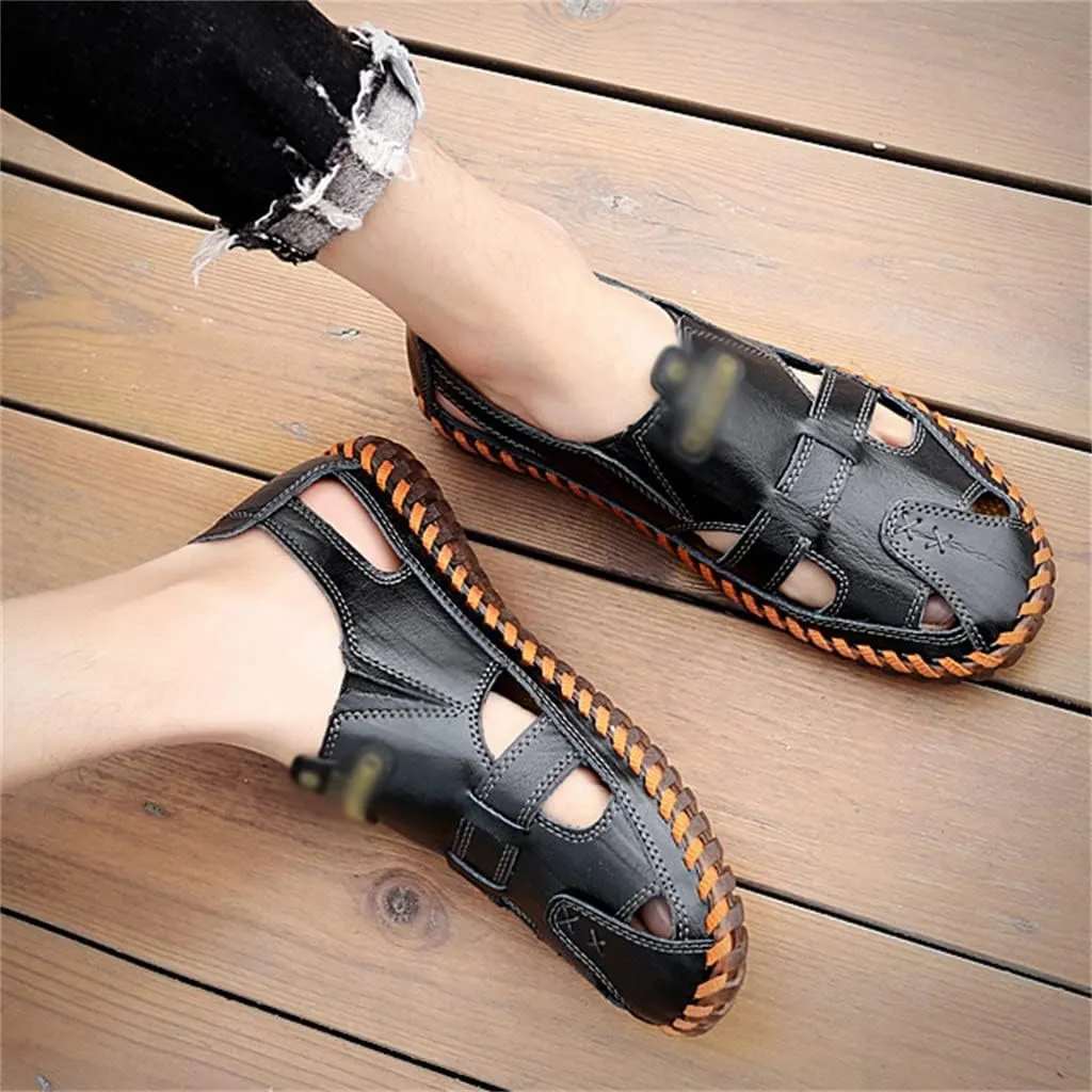 Men Sandals Real Leather Casual Beach Shoes Fisherman Leisure Trekking Non-Slip Breathable Slippers Hiking(45)