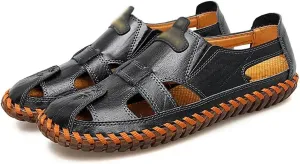 Men Sandals Real Leather Casual Beach Shoes Fisherman Leisure Trekking Non-Slip Breathable Slippers Hiking(45)