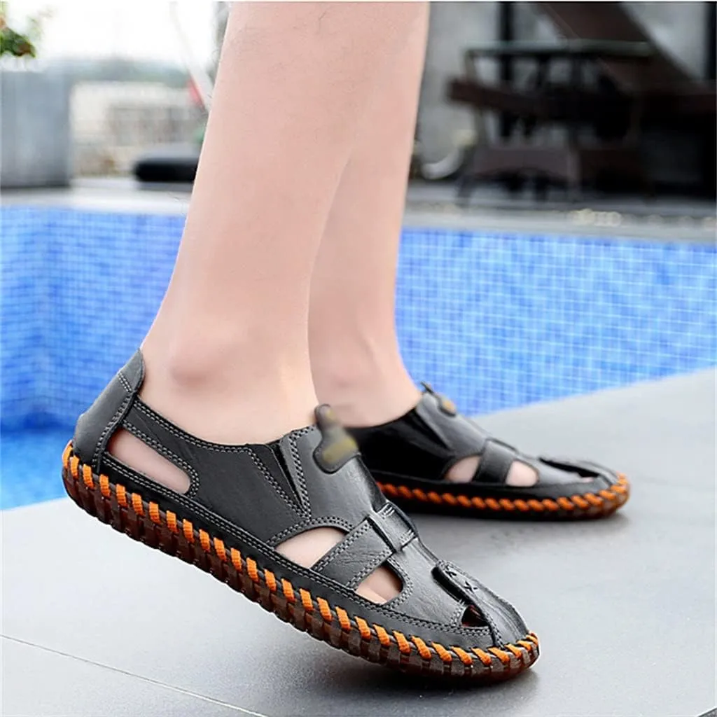 Men Sandals Real Leather Casual Beach Shoes Fisherman Leisure Trekking Non-Slip Breathable Slippers Hiking(45)