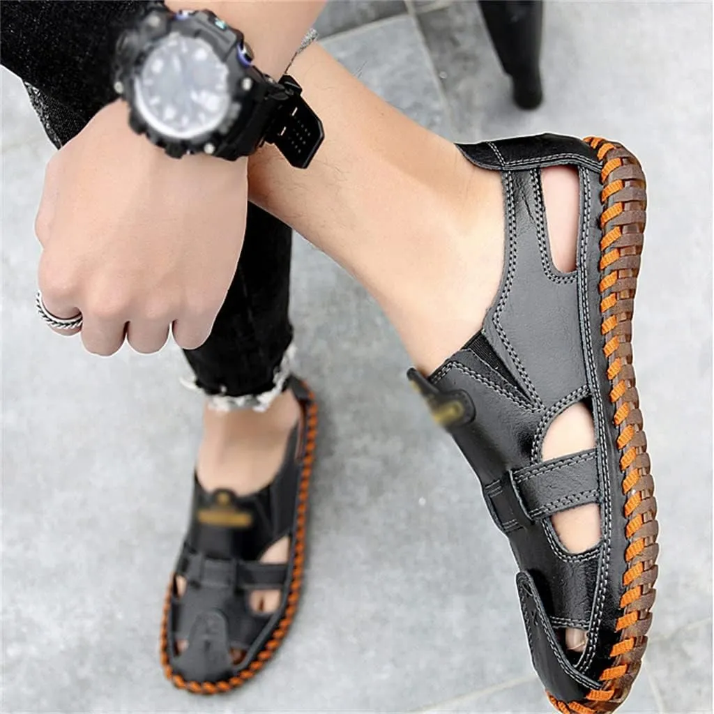 Men Sandals Real Leather Casual Beach Shoes Fisherman Leisure Trekking Non-Slip Breathable Slippers Hiking(45)
