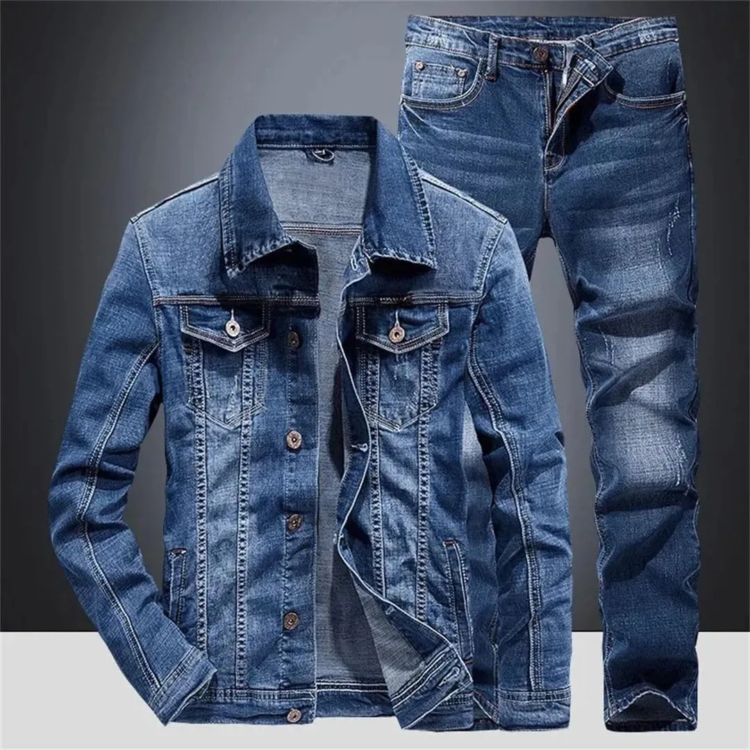Men's Denim Suit Slim Micro-Stretch Two-Piece Spring and Jacket Jeans