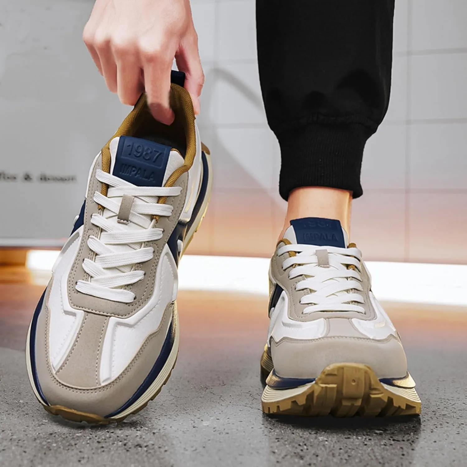 Mens Fashion Lace-Up Platform Sneakers Low-Top Round Toe Non Slip Casual Chunky Shoes for Gym Sports Tennis Jogging Running Walking