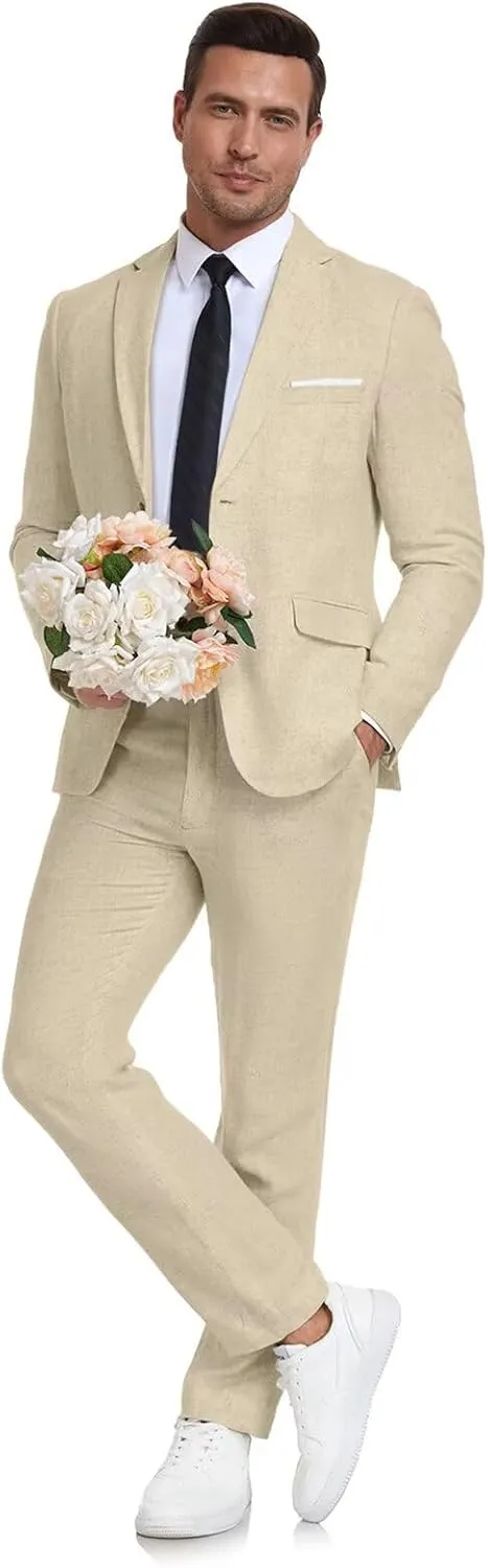 Men's Linen Suit 2 Piece Slim Fit Summer Beach Wedding Dress Tux Prom Suit Blazer Jacket and Pants