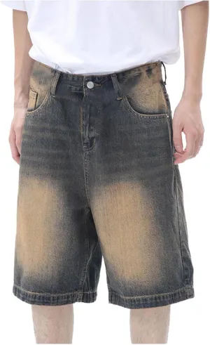 Men's Loose Hip Hop Mid Jean Shorts Work Denim Shorts with Pockets Casual Summer Streetwear Clothes