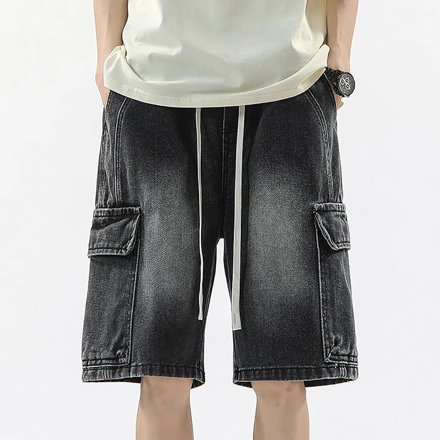 Men's Loose Hip Hop Mid Jean Shorts Work Denim Shorts with Pockets Casual Summer Streetwear Clothes