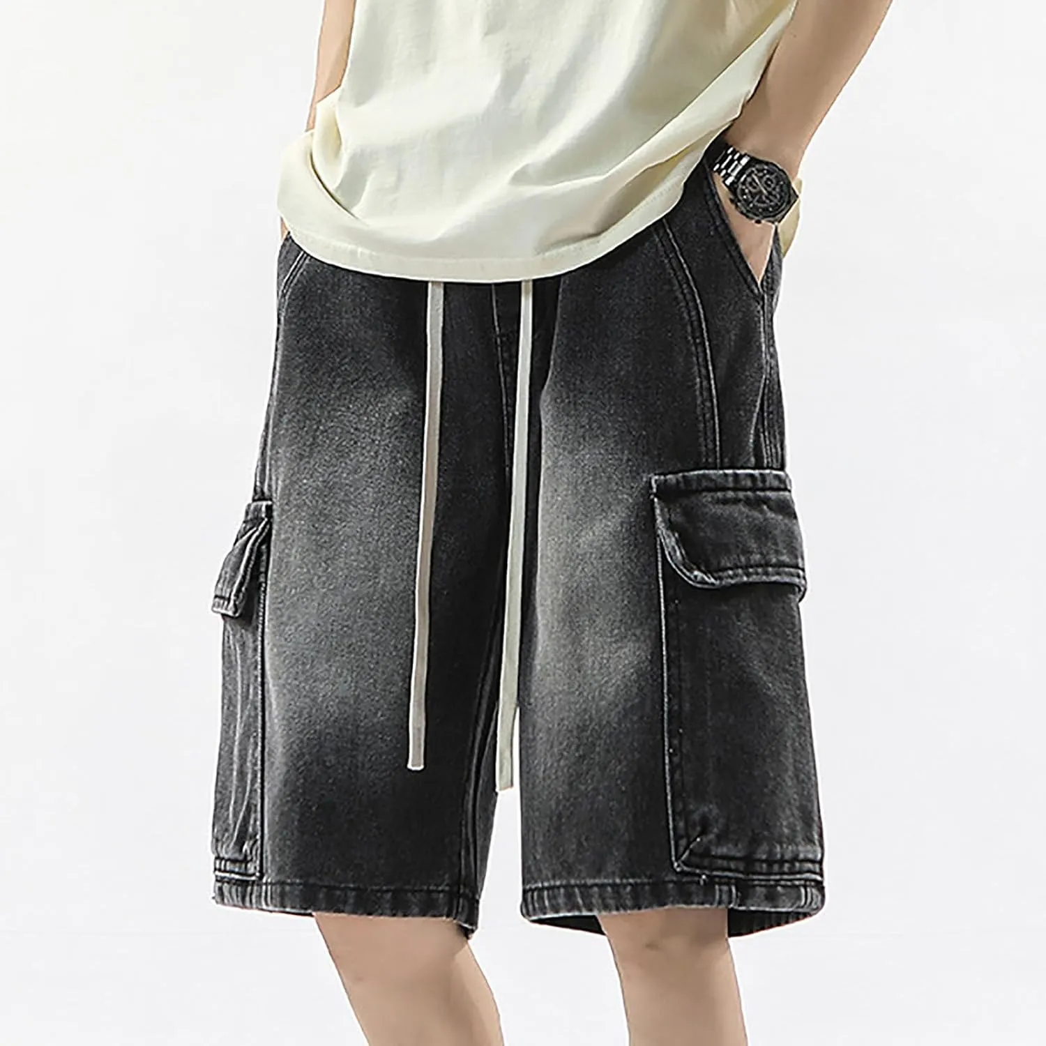 Men's Loose Hip Hop Mid Jean Shorts Work Denim Shorts with Pockets Casual Summer Streetwear Clothes
