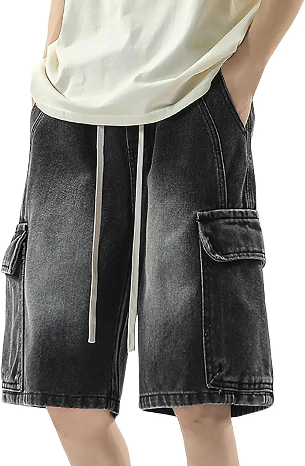Men's Loose Hip Hop Mid Jean Shorts Work Denim Shorts with Pockets Casual Summer Streetwear Clothes