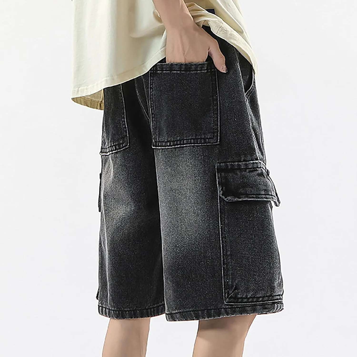 Men's Loose Hip Hop Mid Jean Shorts Work Denim Shorts with Pockets Casual Summer Streetwear Clothes