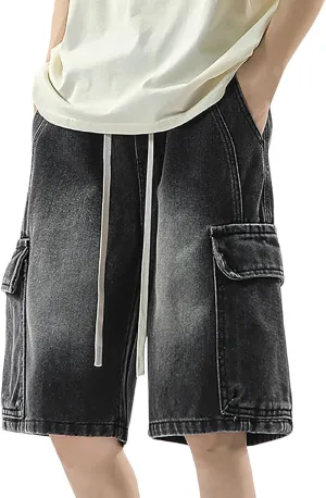 Men's Loose Hip Hop Mid Jean Shorts Work Denim Shorts with Pockets Casual Summer Streetwear Clothes