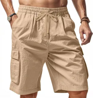 Men's Shorts Casual Cotton Linen Elastic Waist Summer Beach Vacation Shorts with Multi-Pocket