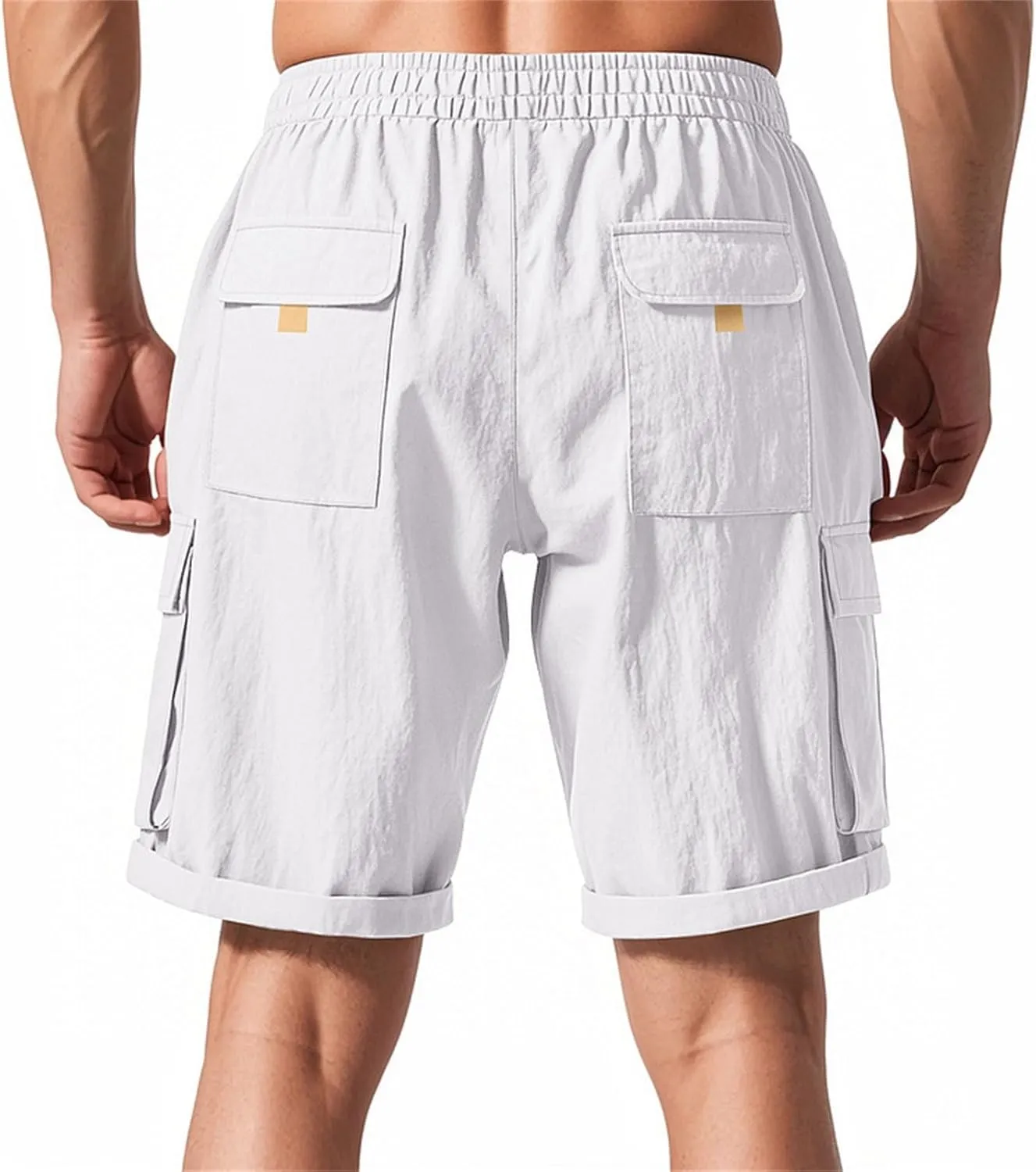 Men's Shorts Casual Cotton Linen Elastic Waist Summer Beach Vacation Shorts with Multi-Pocket