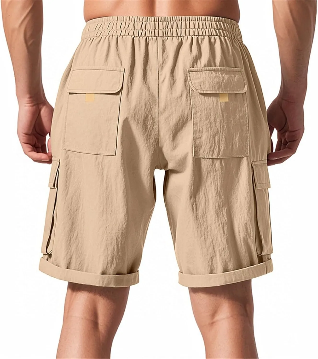 Men's Shorts Casual Cotton Linen Elastic Waist Summer Beach Vacation Shorts with Multi-Pocket