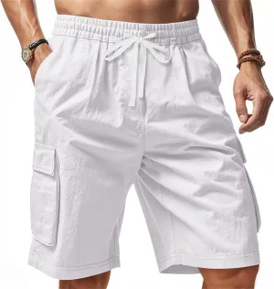 Men's Shorts Casual Cotton Linen Elastic Waist Summer Beach Vacation Shorts with Multi-Pocket