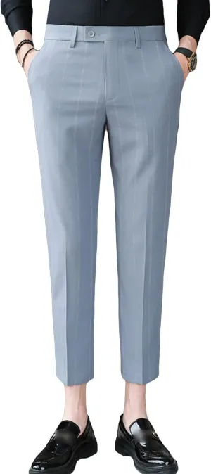 Men's Slim Fit Dress Pants Chinos Plaid Striped Stretch Pant Flat-Front Skinny Business Pencil Long Pants (34,Grey)