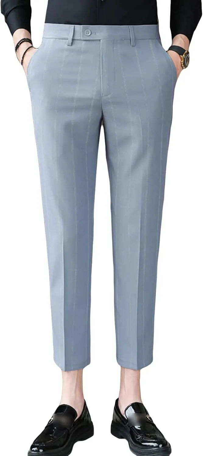 Men's Slim Fit Dress Pants Chinos Plaid Striped Stretch Pant Flat-Front Skinny Business Pencil Long Pants (34,Grey)