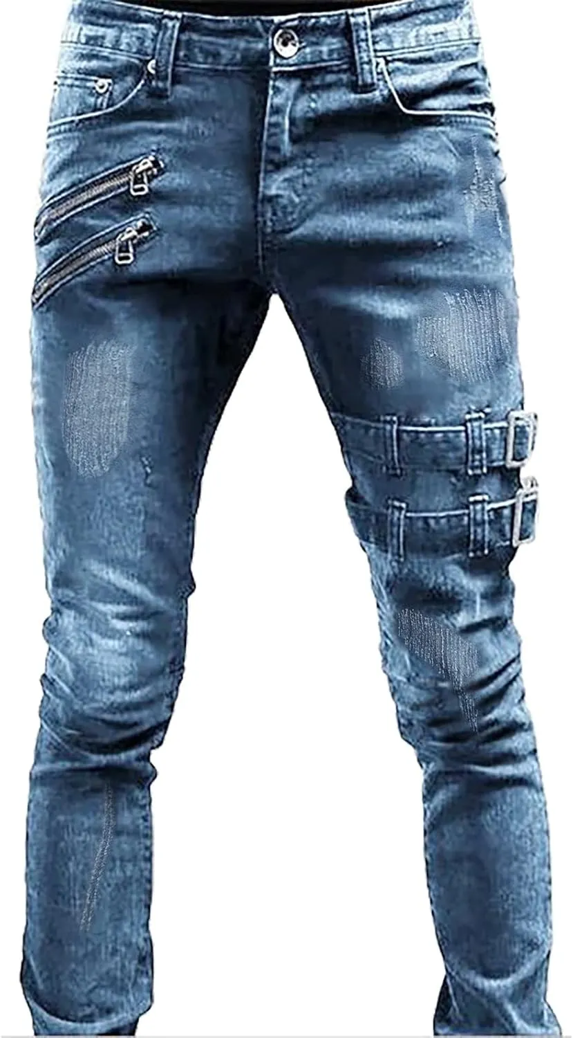 Mens Slim Fit Motor Biker Jeans Stretch Tapered Leg Denim Pants Zipper Deco Buckle Strap Hip Hop Gothic Punk Skinny Jeans
