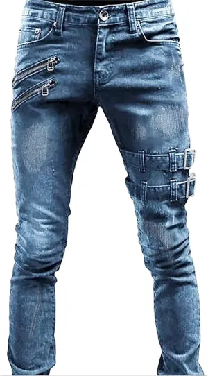 Mens Slim Fit Motor Biker Jeans Stretch Tapered Leg Denim Pants Zipper Deco Buckle Strap Hip Hop Gothic Punk Skinny Jeans